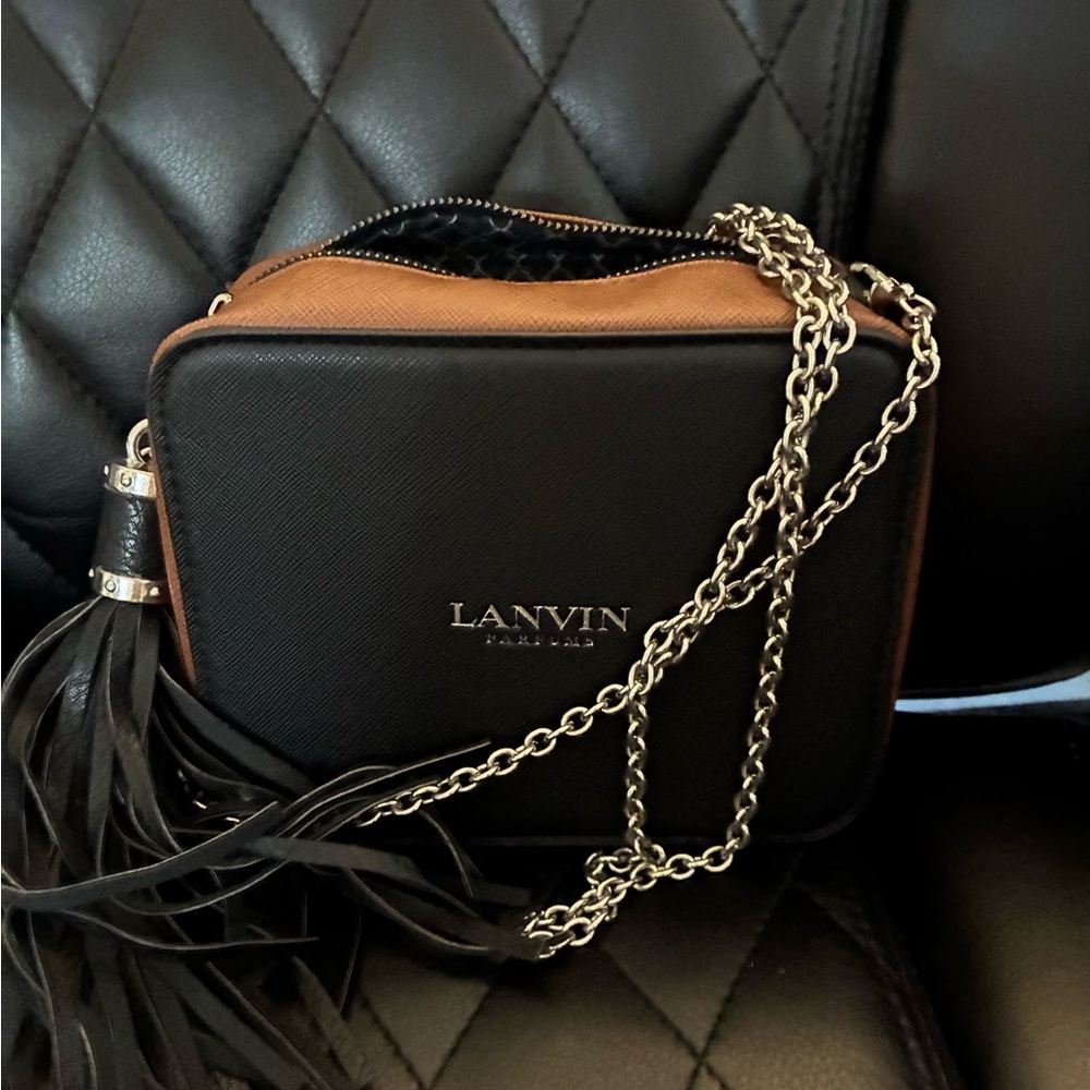 Lanvin Black and Brown Leather Crossbody with Fringe and Silver Chain